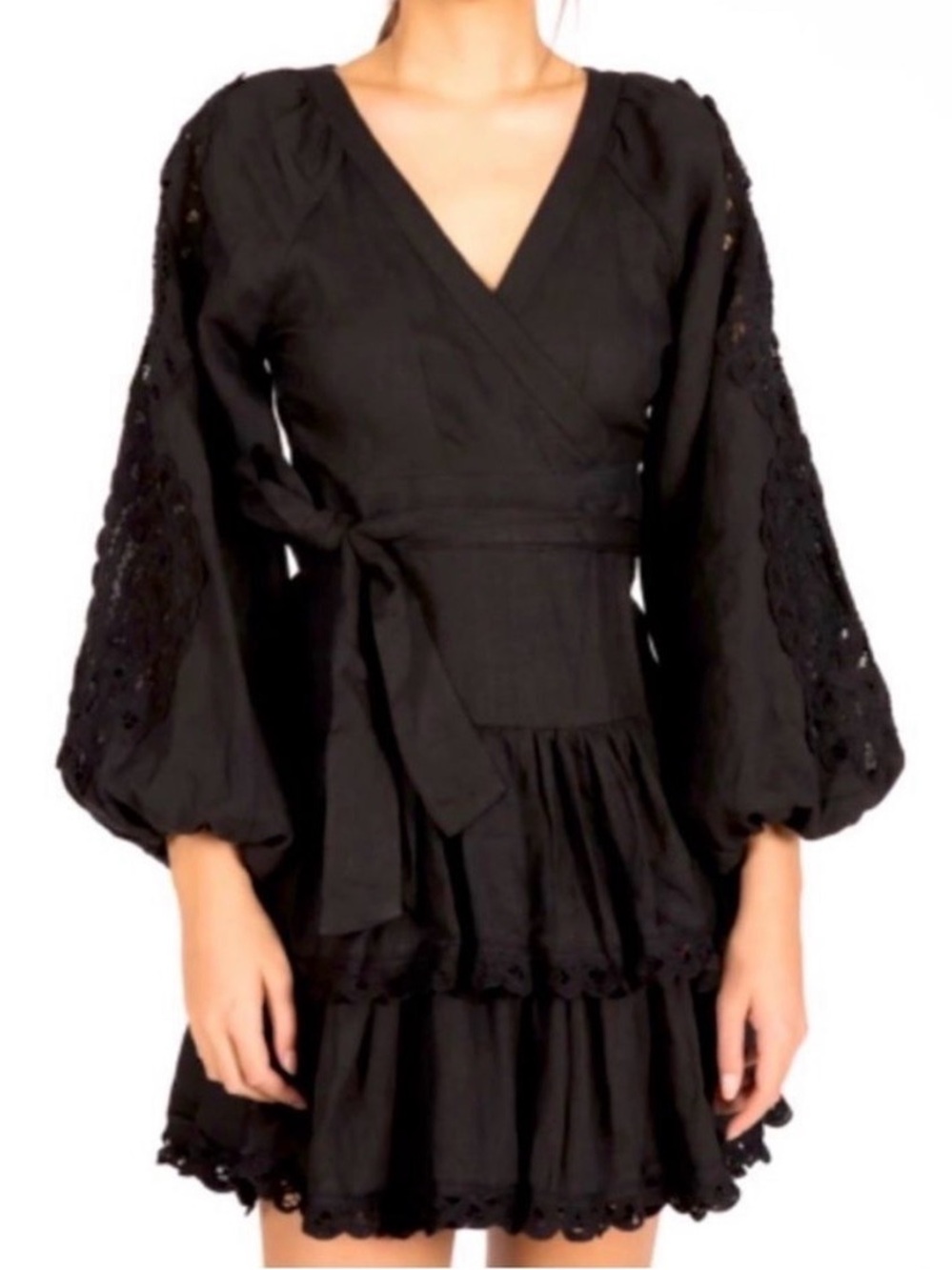 Maia Bergman Black Wrap Mini Dress with Lace Puff Sleeves